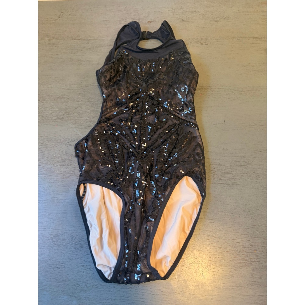 Balera Black Sequin Halter Dance Leotard XSA Art Deco Geometric Performance Wear